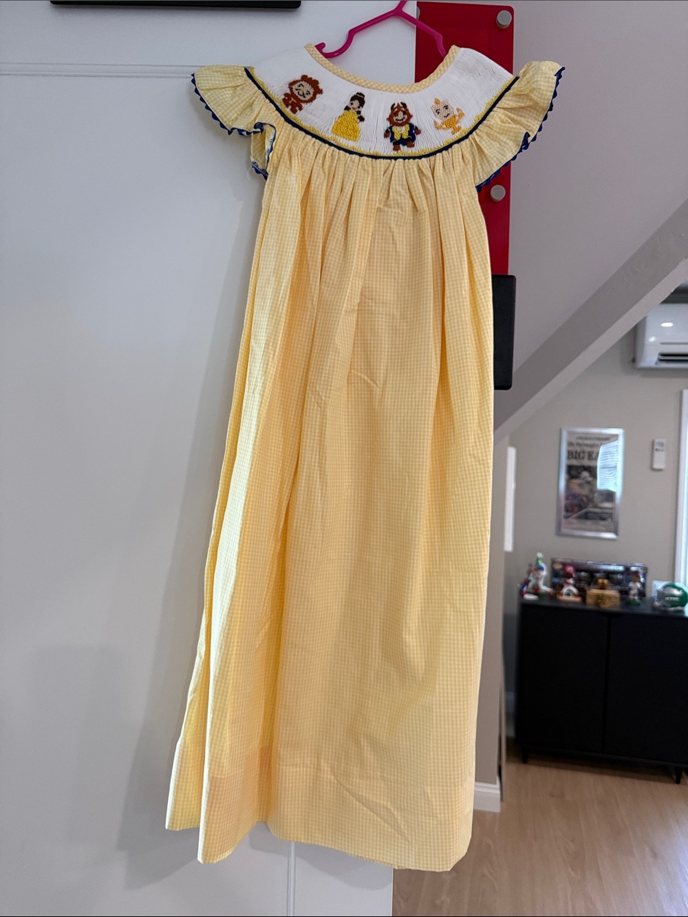 Yellow Smocked Gingham Kids Dress with Character Embroidery